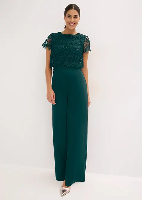 Jumpsuit aus softem Scuba mit Spitze in grün von vorne (Totalaufnahme) - bonprix
