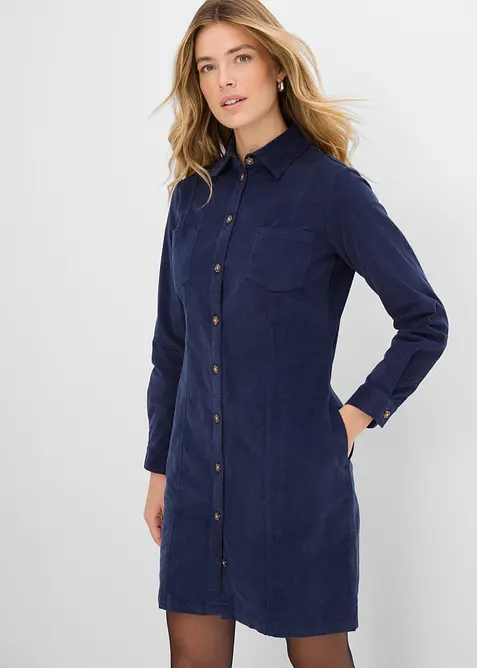 Cord-Hemdblusenkleid aus Baumwoll-Mix in blau von vorne (Totalaufnahme) - bonprix