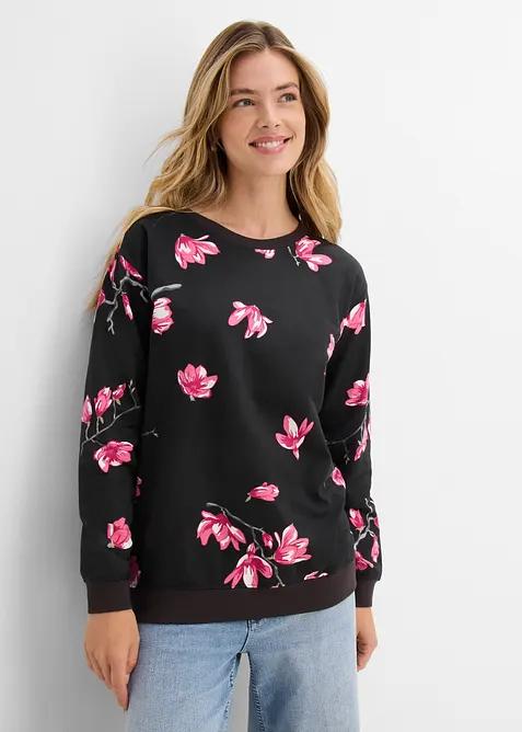 Sweatshirt aus reiner Baumwolle, locker geschnitten in schwarz von vorne (im Anschnitt) - bonprix