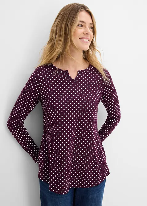 Gepunktetes Baumwoll-Langarmshirt mit Seitenschlitzen in lila von vorne (im Anschnitt) - bonprix