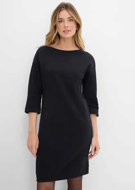 Sweatkleid, 3/4-Arm, innen weich angeraut in schwarz von vorne (Totalaufnahme) - bonprix