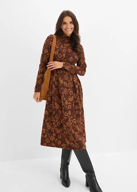 Jerseykleid mir Druck, langarm in braun im Look von vorne (Totalaufnahme) - bonprix
