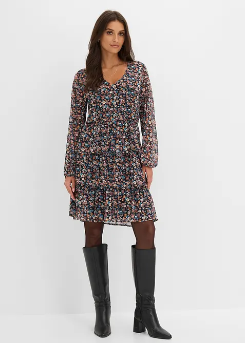 Minikleid aus Mesh mit V-Ausschnitt in schwarz von vorne (Totalaufnahme) - bonprix