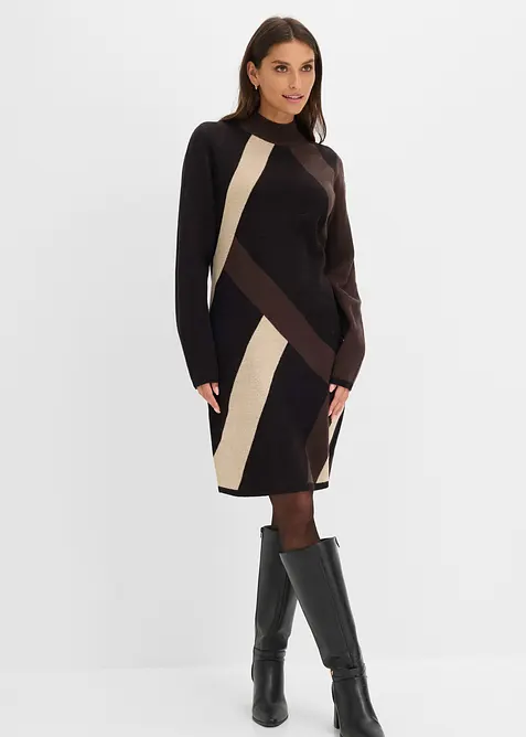 Jacquard-Strickkleid mit modernen Streifen in schwarz von vorne (Totalaufnahme) - bonprix