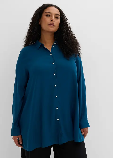 Longbluse aus reiner Viskose in petrol von vorne (im Anschnitt) - bonprix