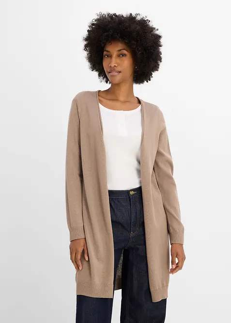 Longstrickjacke mit Rollkanten in braun von vorne (im Anschnitt) - bonprix