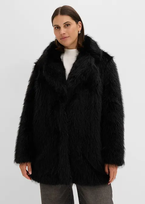 Oversized Fellimitat-Jacke in schwarz von vorne (im Anschnitt) - bonprix