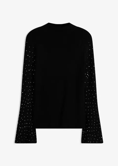 Feinstrickpullover mit verzierten Trompetenärmeln in schwarz von vorne - bonprix