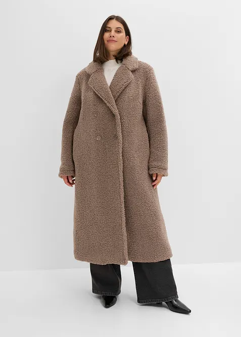 Mantel in Teddy-Optik in braun von vorne (Totalaufnahme) - bonprix
