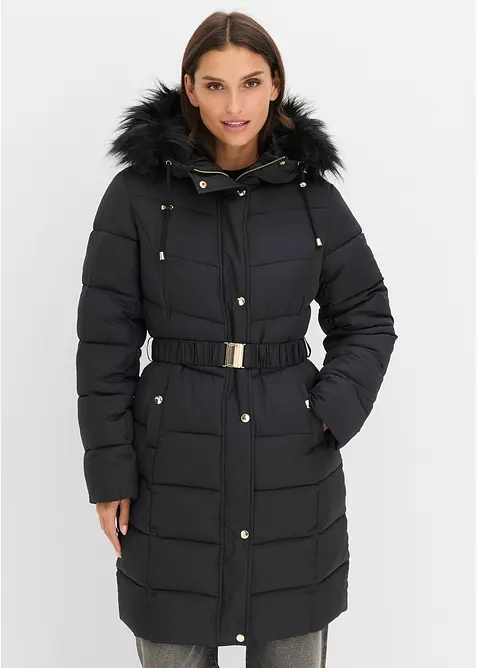 Wasserabweisende Steppjacke mit Fellimitat in schwarz von vorne (im Anschnitt) - bonprix