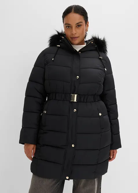 Wasserabweisende Steppjacke mit Fellimitat in schwarz von vorne (im Anschnitt) - bonprix