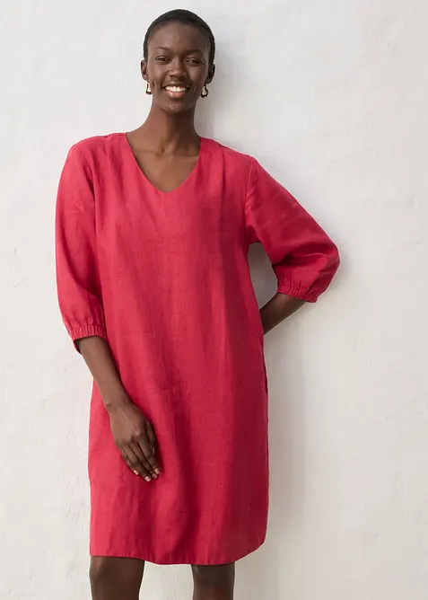 Kleid aus reinem Leinen und 3/4 Arm in rot von vorne (Totalaufnahme) - bonprix