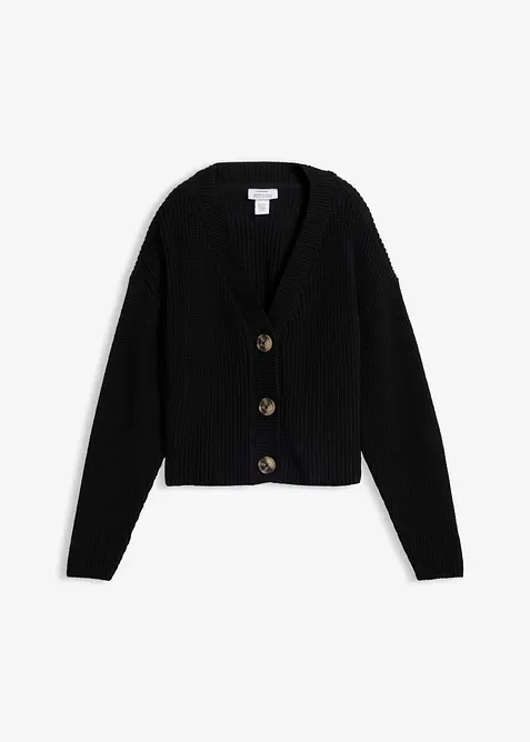 Grobstrickjacke aus reiner Baumwolle in schwarz von vorne - bonprix