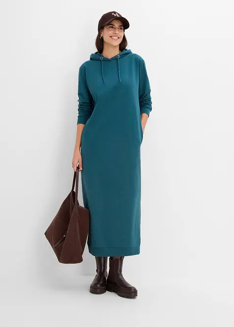 Sweatkleid mit Kapuze in petrol im Look von vorne (Totalaufnahme) - bonprix