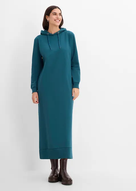 Sweatkleid mit Kapuze in petrol von vorne (Totalaufnahme) - bonprix