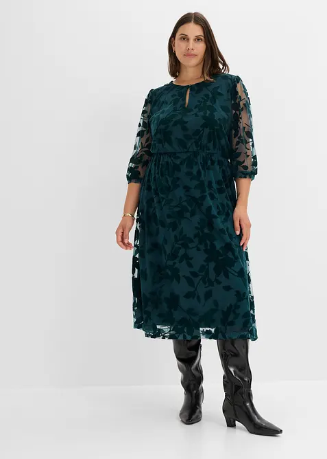 Midikleid mit Flockprint in petrol von vorne (Totalaufnahme) - bonprix
