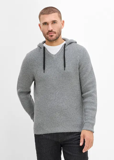 flauschiger Rippstrick-Hoodie, Regular Fit in grau von vorne (im Anschnitt) - bonprix