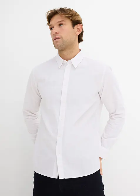 Langarmhemd aus Leinen-Mix in Modern Fit in weiß von vorne (im Anschnitt) - bonprix