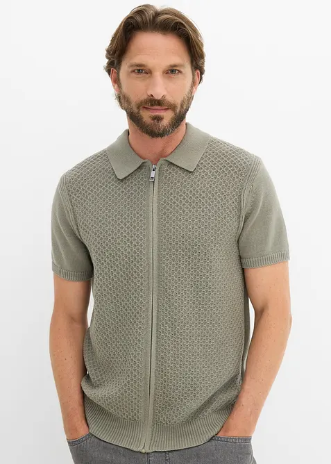 Gestricktes Poloshirt aus reiner Baumwolle in grau von vorne (im Anschnitt) - bonprix