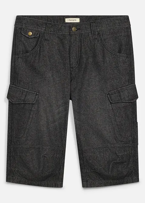 Leichte Jeans-Long-Cargobermuda, Relaxed Fit in schwarz von vorne - bonprix