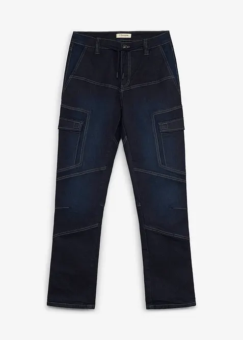 Thermo Regular-Fit Cargo-Jeans mit verstellbarem Dehnbund, Straight in blau von vorne - bonprix