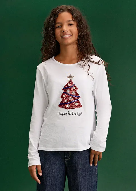 Langarmshirt aus reiner Bio-Baumwolle mit Wendepailletten in weiß von vorne (im Anschnitt) - bonprix