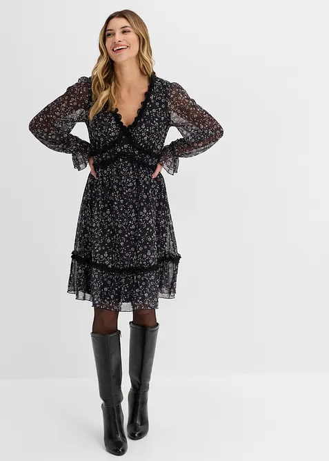 Minikleid aus feinem Mesh in schwarz von vorne (Totalaufnahme) - bonprix