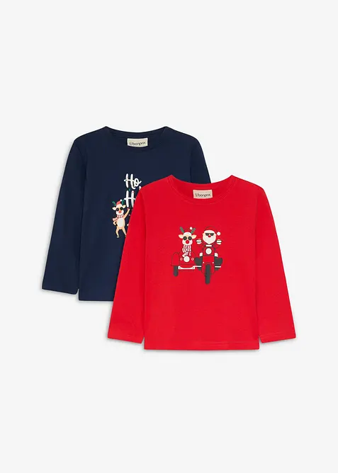 Weihnachtliches Langarmshirt aus Bio Baumwolle (2er Pack) in blau von vorne - bonprix