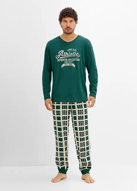 Pyjama aus reiner Bio-Baumwolle mit langen Ärmeln in grün von vorne (Totalaufnahme) - bonprix
