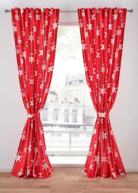 Halbtransparente Vorhang aus recyceltem Polyester mit Raffhalter (1er Pack) in rot - bonprix