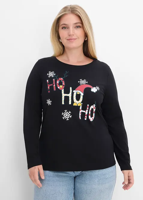Langarmshirt mit Weihnachtsmotiv in schwarz von vorne (im Anschnitt) - bonprix
