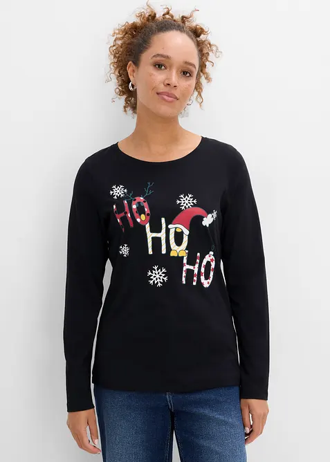 Langarmshirt mit Weihnachtsmotiv in schwarz von vorne (im Anschnitt) - bonprix