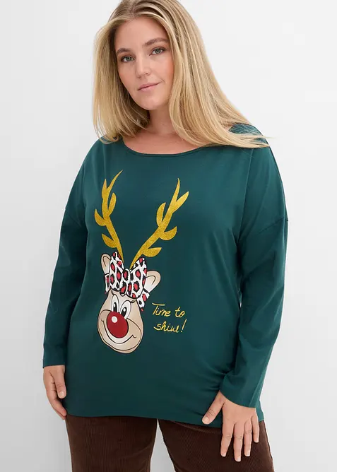 Off-Shoulder-Shirt mit Weihnachtsmotiv in grün von vorne (im Anschnitt) - bonprix