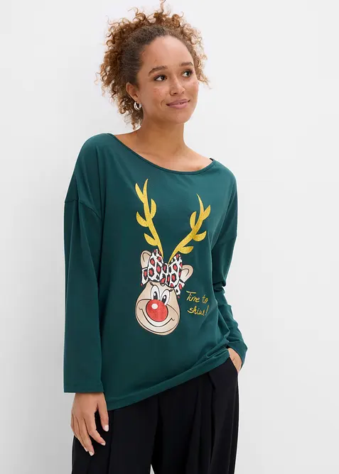 Off-Shoulder-Shirt mit Weihnachtsmotiv in grün von vorne (im Anschnitt) - bonprix