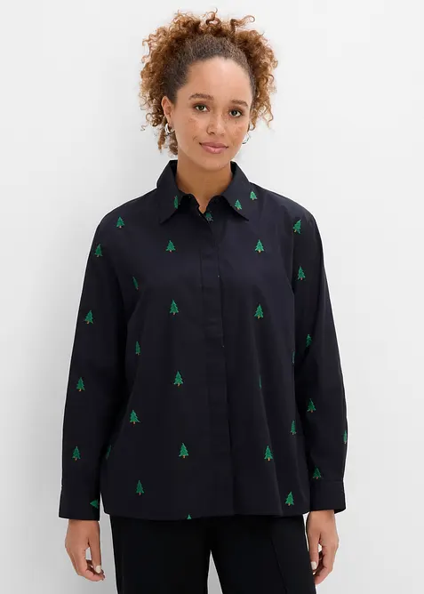 Hemdbluse mit Stickerei aus reiner Bio-Baumwolle in schwarz von vorne (im Anschnitt) - bonprix
