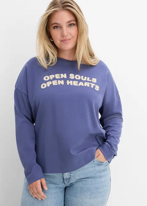Oversize-Langarmshirt aus schwerer Bio-Baumwolle in blau von vorne (im Anschnitt) - bonprix