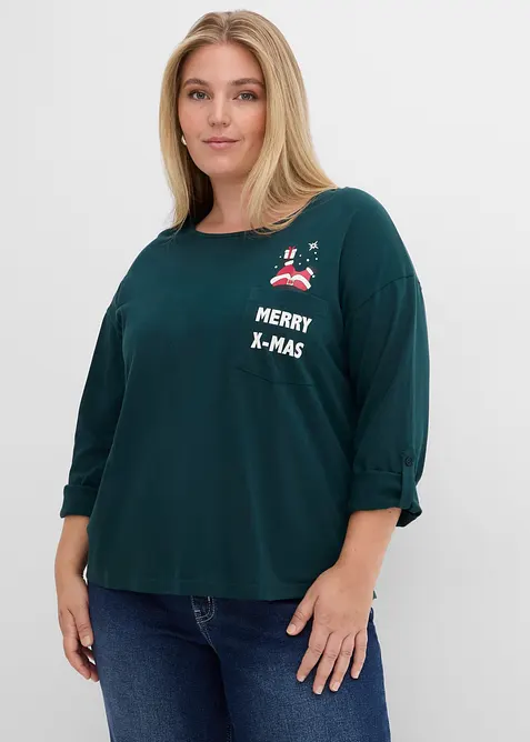 Langarmshirt aus reiner Bio-Baumwolle in grün von vorne (im Anschnitt) - bonprix