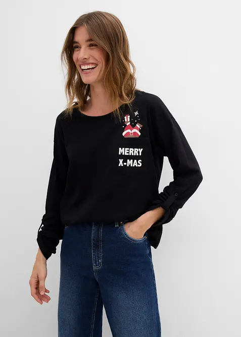 Langarmshirt aus reiner Bio-Baumwolle in schwarz von vorne (im Anschnitt) - bonprix