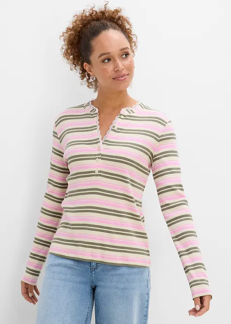 Langarmshirt mit Spitzenbesatz aus reiner Baumwolle in beige von vorne (im Anschnitt) - bonprix