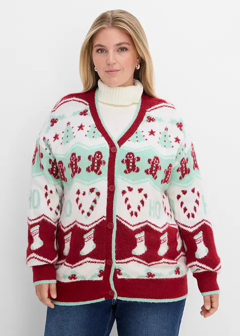 Weihnachtliche Strickjacke in rot von vorne (im Anschnitt) - bonprix