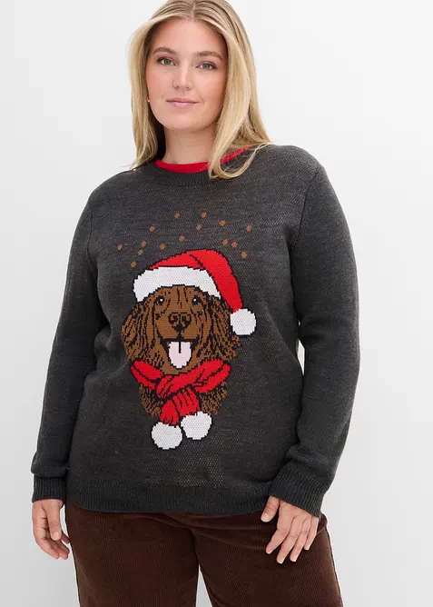 Weihnachtspullover mit süßem Hundemotiv in grau von vorne (im Anschnitt) - bonprix