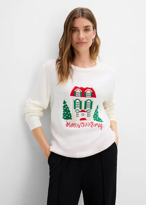 Pullover mit Weihnachtsmotiv in weiß von vorne (im Anschnitt) - bonprix