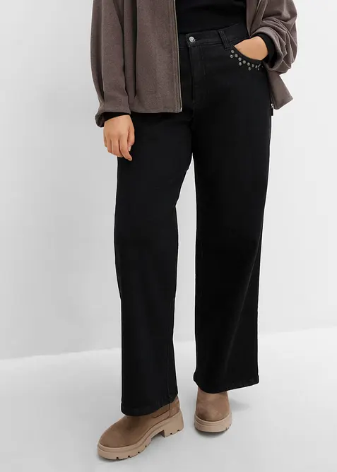 Wide-Leg-Jeans, High Waist mit Nietenbesatz in schwarz von vorne - bonprix