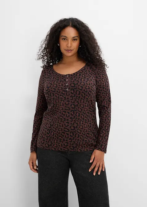 Langarmshirt (3er Pack) aus Baumwoll-Elasthan-Mix in braun von vorne (im Anschnitt) - bonprix