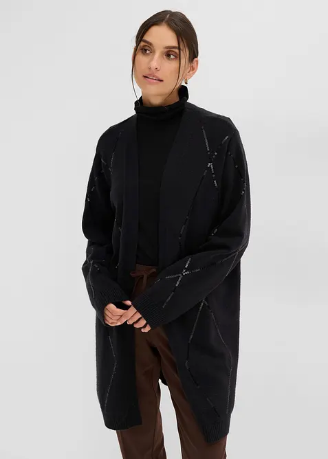 Longstrickjacke mit Pailletten in schwarz von vorne (im Anschnitt) - bonprix