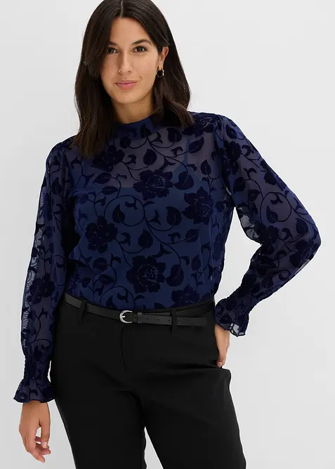 transparentes Langarmshirt mit Flockprint in blau von vorne (im Anschnitt) - bonprix