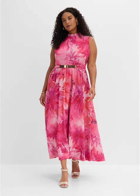 Chiffonkleid mit Kragen und Taillen-Einsatz in pink von vorne (Totalaufnahme) - bonprix