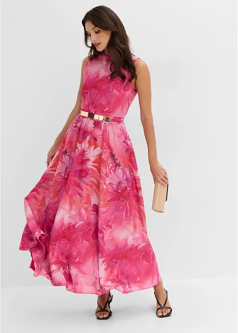 Chiffonkleid mit Kragen und Taillen-Einsatz in pink von vorne (Totalaufnahme) - bonprix