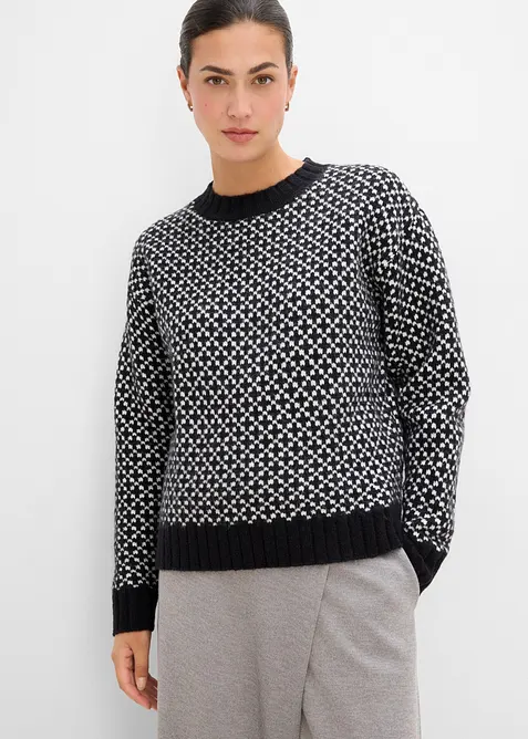Grobstrick-Pullover mit Jacquardmuster in weiß von vorne (im Anschnitt) - bonprix