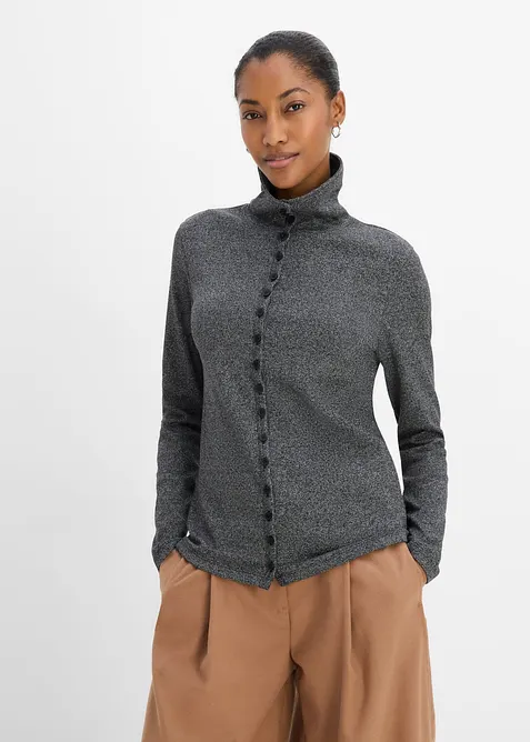 Langarmshirt mit Knopfleiste in schwarz von vorne (im Anschnitt) - bonprix
